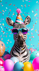 Party animal! Colorful photo of funny, happy zebra  on blue background. Ballons, confetti, party hat, happy mood. Birthday celebration vertical banner, instagram story, reel or tiktok