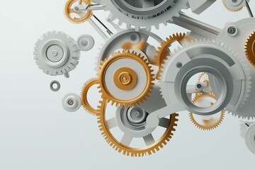 A cartoon mechanic is surrounded by intricate gears and cogs while working on a large machine in a brightly lit workshop during the day