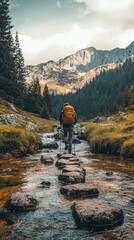 Fototapeta premium Hiker Crossing Rocky Stream in Scenic Mountain Landscape