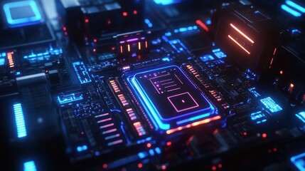 Obraz premium Futuristic Motherboard with Glowing Blue and Red Lights