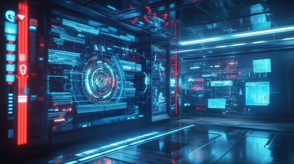 Fototapeta premium A futuristic AI-driven system defending against a cyber attack, with digital walls and shields forming in response to threats.