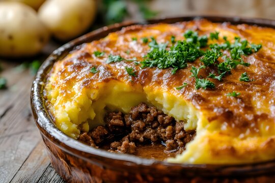 Detailed close-up of a vintage ceramic dish holding Hachis Parmentier, garnished with parsley. A serving has been taken out, exposing the juicy minced meat beneath the fluffy mashed potatoes, on a cla