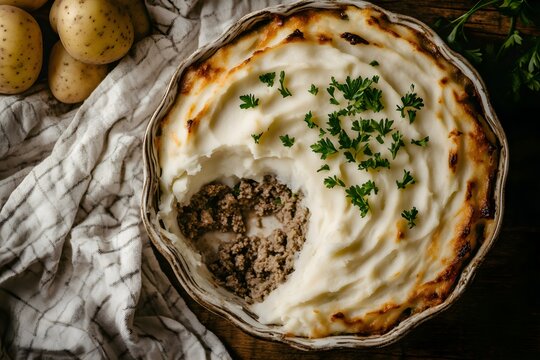 Detailed close-up of a vintage ceramic dish holding Hachis Parmentier, garnished with parsley. A serving has been taken out, exposing the juicy minced meat beneath the fluffy mashed potatoes, on a cla