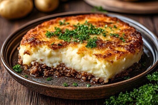 Detailed close-up of a vintage ceramic dish holding Hachis Parmentier, garnished with parsley. A serving has been taken out, exposing the juicy minced meat beneath the fluffy mashed potatoes, on a cla