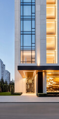 Modern building entrance with illuminated facade at dusk in urban setting