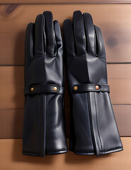 Naklejka premium A pair of elegant black leather gloves with fine stitching, resting on a wooden background, symbolizing luxury and warmth.
