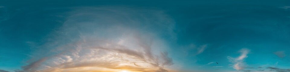 Seamless 360 HDR spherical panorama of sunset sky with vibrant pink Cirrus clouds. Full zenith or sky dome in 3D, sky replacement for aerial drone panoramas. Climate and weather change.