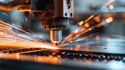 Fototapeta premium Close-up of an industrial laser cutter in operation, with sparks flying.