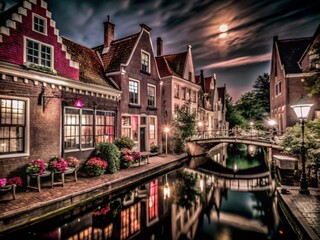 Naklejka premium Abstract Colorful Night Photography of a Fantasy Dutch Town with Canals and Tiled Roofs