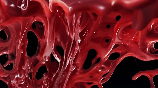 close-up cinematic animation blood spill, blood drip effect, Bleeding, splatter, steady spill, decal effect, isolated over black background. view in detail. 4K Video studio