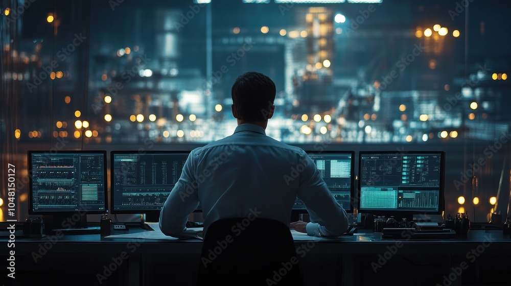 Poster a man in a white shirt sits at a desk with multiple computer monitors, working late at night in a di