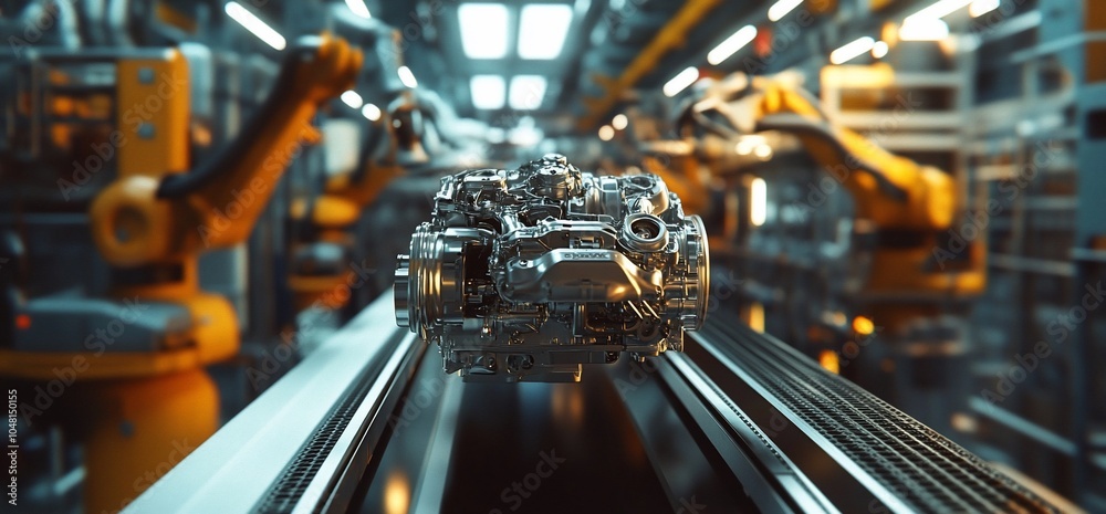 Aufkleber a shiny metal engine part moving along a conveyor belt in a factory setting, with robotic arms in th