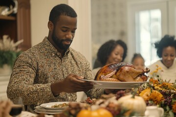 Close up of African American man serving Thanksgiving turkey to his extended family during a meal in dining room