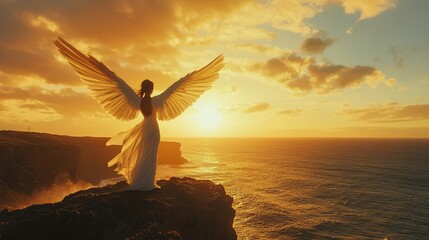 Naklejka premium Angelic Figure on Cliff at Sunset