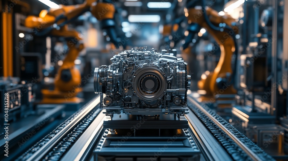 Aufkleber a shiny, metallic engine sits on a conveyor belt in a factory, with two robotic arms in the backgrou