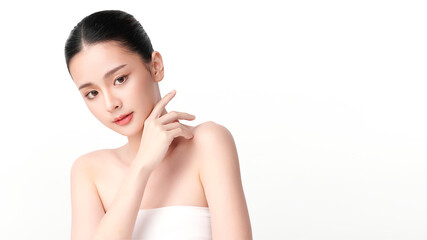 Beautiful young asian woman with clean fresh skin on white background, Face care, Facial treatment, Cosmetology, beauty and spa, Asian women portrait.