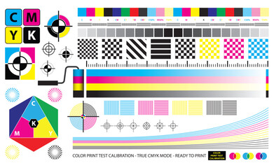 Set illustration of CMYK Print Test Calibration Chart for CTP Printing.