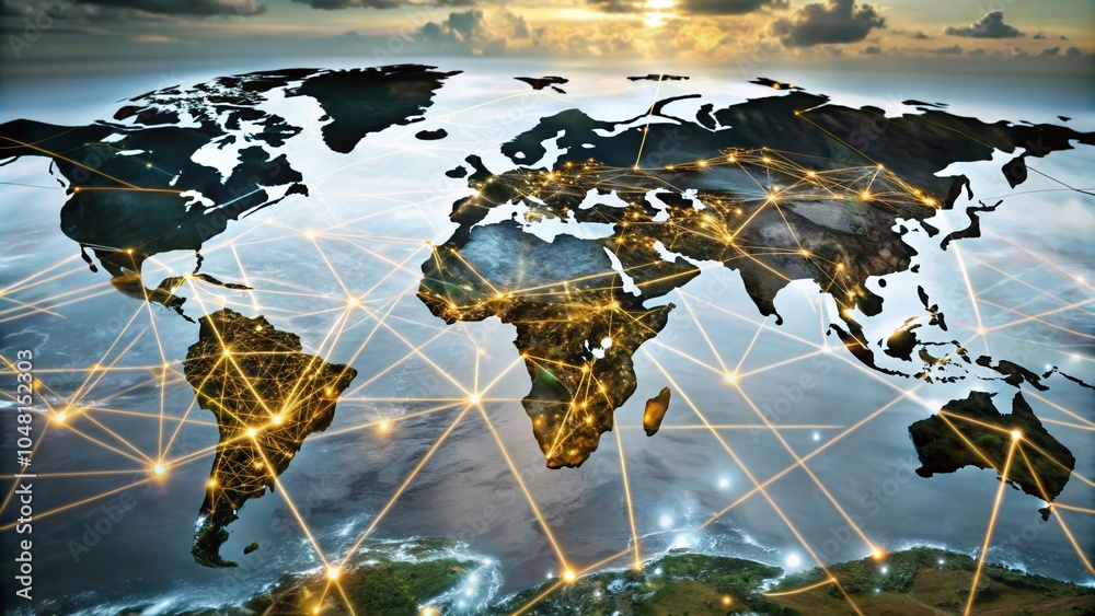 Poster abstract plexus fantasy technology with world map and node connections for futuristic visualization