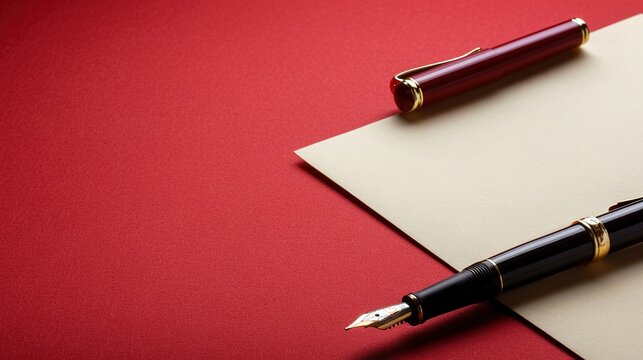 Letter Paper and Pen - a classic and elegant visual. The red background enhances the nostalgic and sophisticated appeal of the letter writing setup.