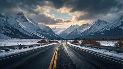 Desolate Icy Road Leading to Majestic Snow-Capped Peaks V3