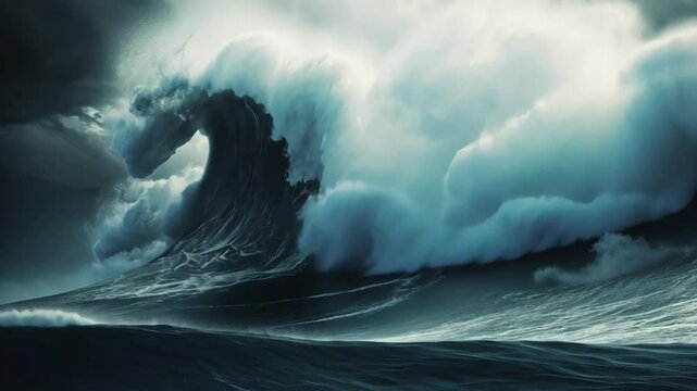 A massive wave crashes in the ocean under stormy skies