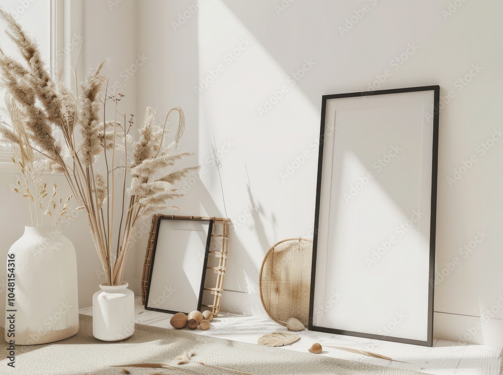 Wall mural a white vase with dried pampas grass in a minimal interior setting with two blank picture frames and