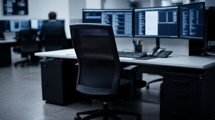 Fototapeta premium Modern Office Workstation with Desk Chair and Monitors