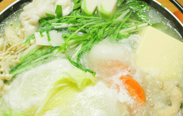 Mizore Nabe, a traditional Japanese home-style nabe dish consisting of grated radish, carrots and other vegetables, chicken, mushrooms, and seafood.