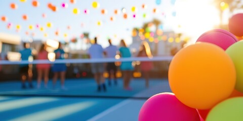Colorful balls in focus, pickleball players in background