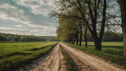 Sun-Dappled soil Road Winding Through greenish Summer Countryside V1