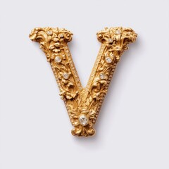Fototapeta premium Ornate golden letter 'V' adorned with decorative elements and jewels.
