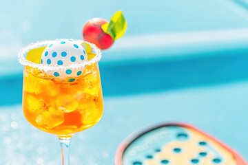 Summer cocktail with pickleball theme on sunny court.