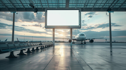 Airport blank white billboard signage copy space travel airline plane terminal transportation aviation outdoor modern urban mockup display banner ad sign traveling booking holiday vacation tourism 