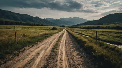 Fototapeta premium Sun-Dappled soil Road Winding Through greenish Summer Countryside V8