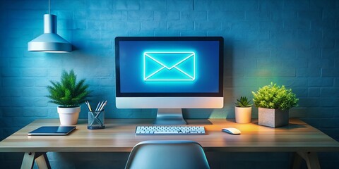 Aerial View of Computer with Email Envelope Symbol Representing Digital Communication and Connectivity