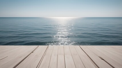 Obraz premium landscape photograph featuring a minimalist style, horizontally oriented, showcasing a wooden deck in the foreground with light brown planks running parallel to the bottom edge