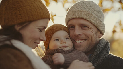Obraz premium Smiling Man Holding Child Close-Up with Wife Nearby