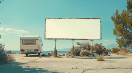 Coastal beach desert billboard blank white sign vanlife roadtrip mockup template travel agent nature nomad summer outdoor advertisement backdrop adventure traveling marketing 