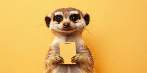 Fototapeta premium Curious Meerkat Holding Discount Tag on Pastel Yellow Background