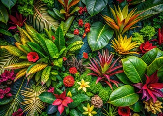 Fototapeta premium Aerial View of Lush Tropical Plant Leaves and Vibrant Flowers for Nature Lovers and Garden Enthusiasts