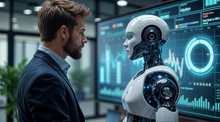 AI-Powered Insights: Businessman Discussing Data With A Robot