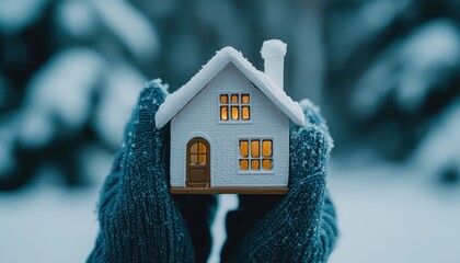 Snowy backdrop features a white toy house held in gloved hands.