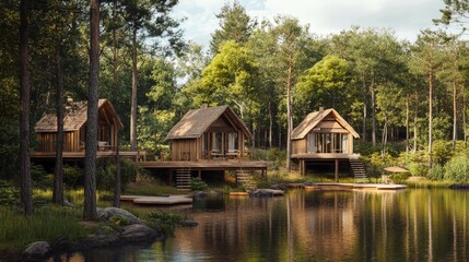Fototapeta premium A nature retreat with wooden cabins, surrounded by trees and a lake, promoting disconnection from technology and reconnection with nature.