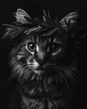 Black white art portrait cat laurel crown, dramatic lighting hyper-realistic style feline photography, artistic monochrome concept, cat lover gift, classic,fine,style,olive,king,fluffy,kittem,eyes