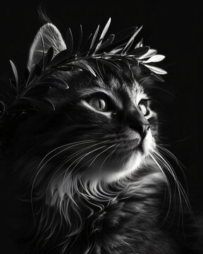 Black white art portrait cat laurel crown, dramatic lighting hyper-realistic style feline photography, artistic monochrome concept, cat lover gift, classic,fine,style,olive,king,fluffy,kittem,eyes