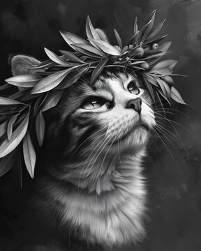 Black white art portrait cat laurel crown, dramatic lighting hyper-realistic style feline photography, artistic monochrome concept, cat lover gift, classic,fine,style,olive,king,fluffy,kittem,eyes