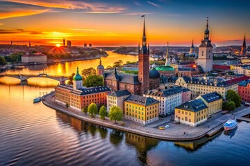 Fototapeta premium Aerial View of Stockholm's Old Town at Sunrise - Stunning Drone Shot of Riddarholmen Church Tower and Gamla