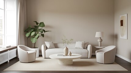 a minimalist living room with a large window.