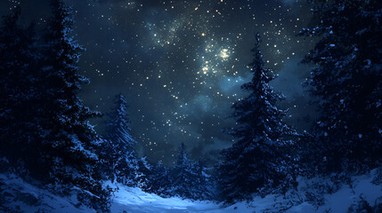 Fototapeta premium Snowy Forest Night with Sparkling Stars