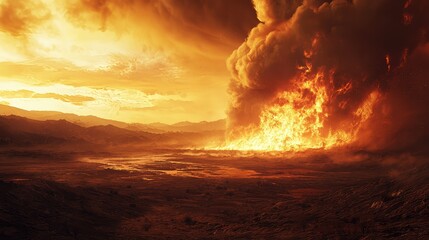 Fototapeta premium Raging Wildfire Over Dry Landscape at Sunset